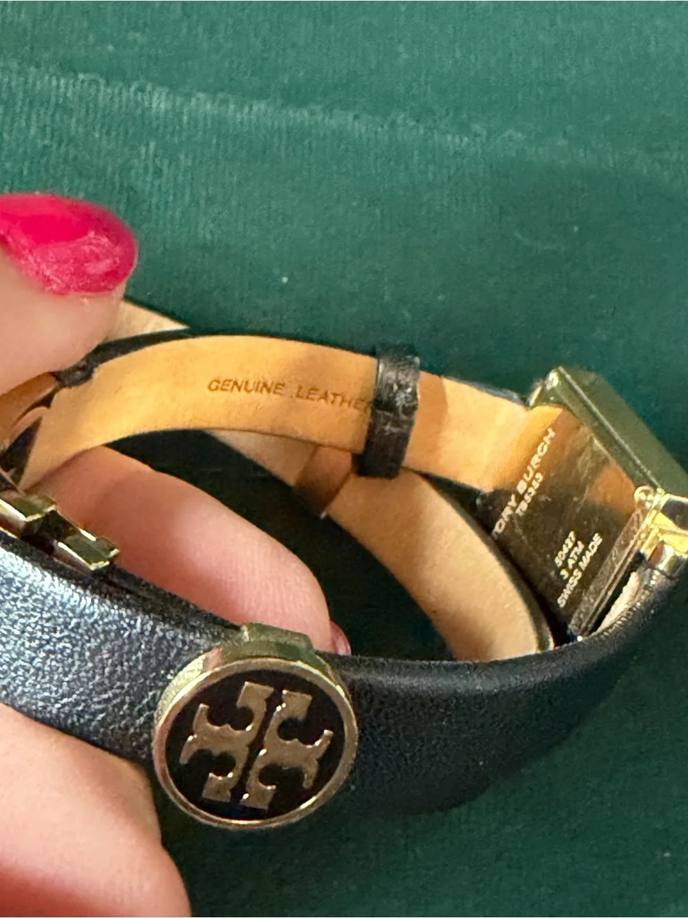 Tory Burch Saucy Double Wrap Charm Watch Gold Square Case Black Leather